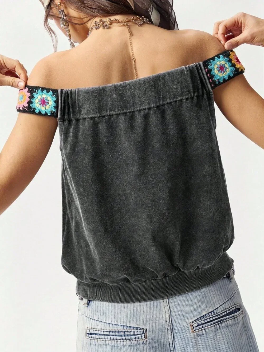 Grey Casual Women's Washed Knit T-Shirt With Braid Trim